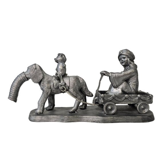 Vintage Michael Ricker 1984 Pewter Figurine Boy Riding dog Elephant Pulling Wago - Picture 9 of 10